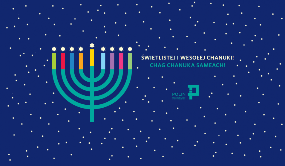 Grafika z napisem Świetlistej i wesołej Chanuki oraz świecznikiem chanukowym.