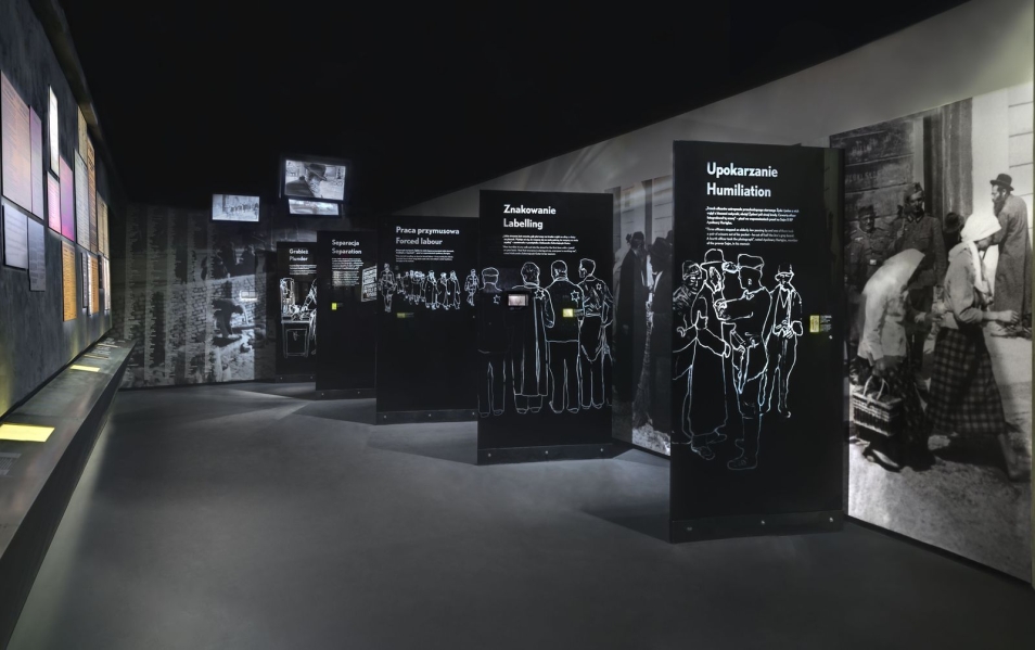Galeria "Zagłada" na wystawie stałej w Muzeum Polin. Ilustracje przedstawiające upokarzanie, znakowanie, pracę przymusową, separację, grabież.