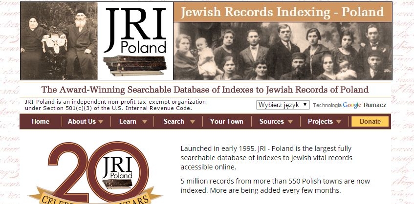 Zrzut ekranu ze strony internetowej Jewish Record Indexing Poland.
