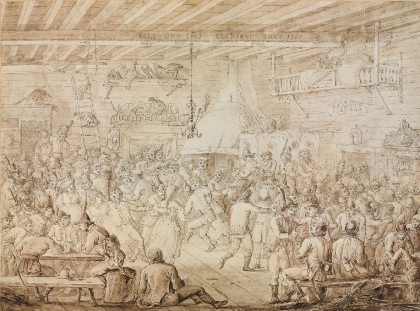 Grafika Aleksandra Orłowskiego Zabawa wojska kościuszkowskiego w karczmie, 1797.