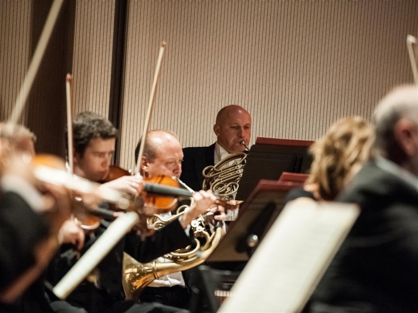 Koncert symfoniczny. Orkiestra na scenie, w tym skrzypkowie.