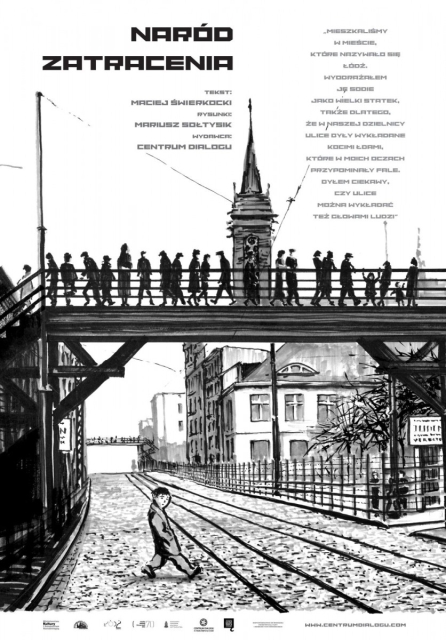 Rysunek komiksu "Naród zatracenia". Rysunek kładki z idącymi ludźmi nad ul. Chłodną z getta w Warszawie