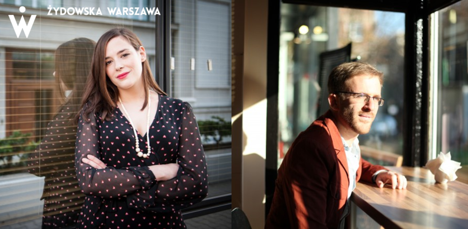 Kobieta oparta o witrynę z napisem żydowska Warszawa. Obok mężczyzna siedzi przy stole.