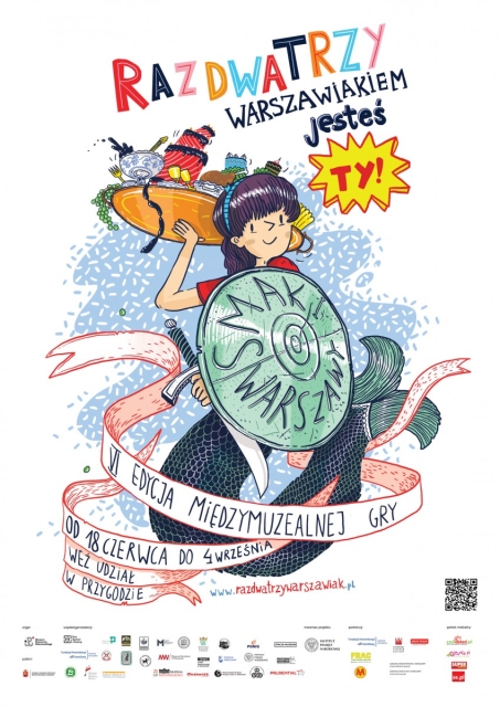 Grafika ilustracyjna Raz, dwa, trzy. Warszawiakiem jesteś Ty! Syrenka warszawska z twarzą dziewczyny. Trzyma tarczę z napisem Smak Warszawy.
