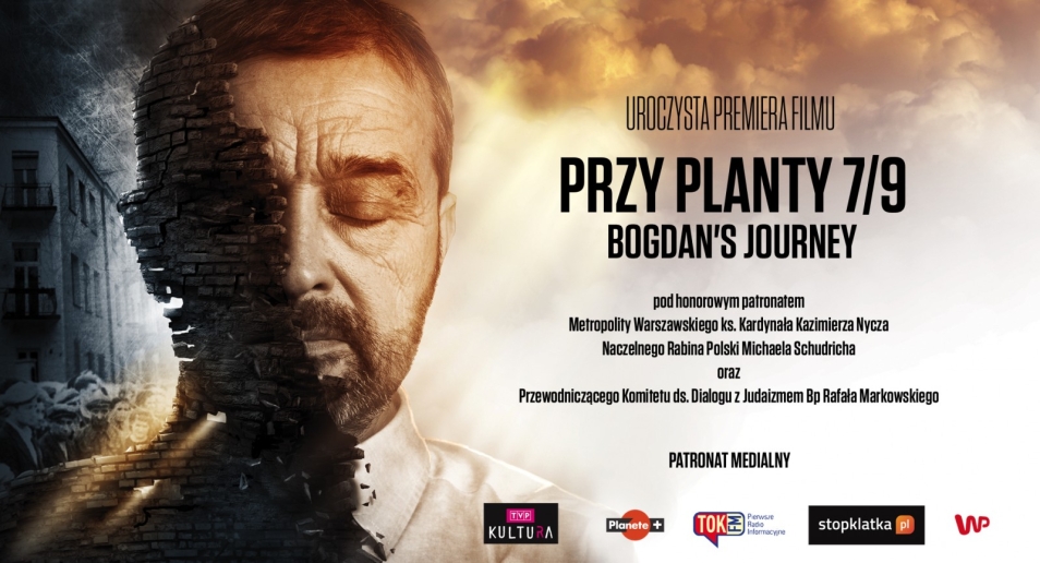 Grafika ilustracyjna - twarz mężczyzny, obok napis przy planty 7/9. Bogdan's journey.