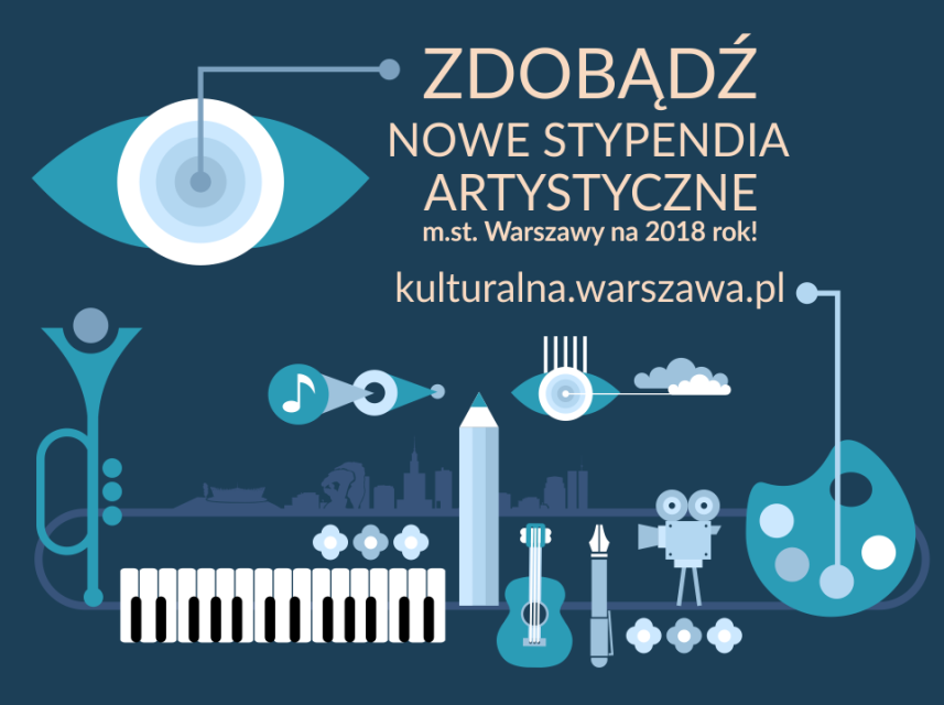 SGrafika z napisem stypendia artystyczne m.st. Warszawy na 2018 rok.