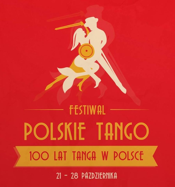 Plakat Festiwalu Polskie Tango. 100 lat tanga w Polsce. Na górze plakatu para w jednej z tanecznych pozycji.