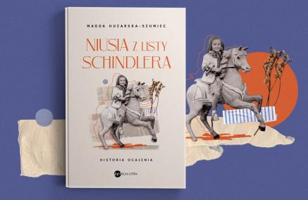 Okładka książki "Niusia z Listy Schindlera". Obok motyw z okładki - dziewczynka siedząca na koniu.