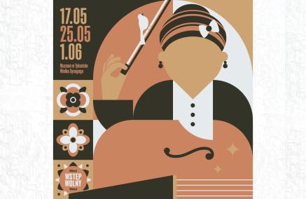 Plakat Festiwalu Muzyki Żydowskiej im. Rywki Tiktiner z datami 17, 25 maja i 1 czerwca, dopiskiem wstęp wolny i postacią dyrygenta.