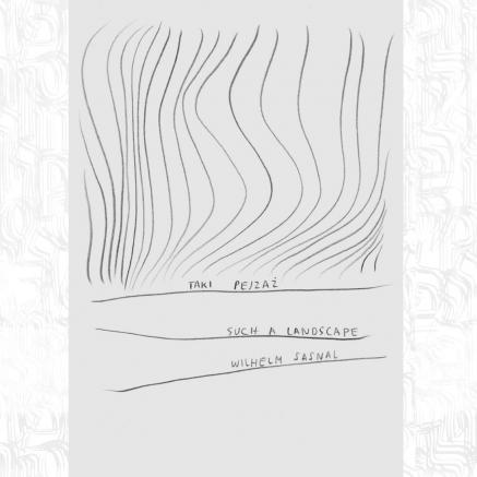 Okładka przewodnika po wystawie "Taki pejzaż", na szarym tle, szkic ołówkiem, przedstawia uproszczony pejzaż - pionowe falujące linie jako symbol ściany drzew, poziome trzy linie, jako symbol ziemi. Na poziomych liniach napis odręczny ołówkiem, dużymi literami: Taki pejzaż / Such a Landscape / Wilhelm Sasnal