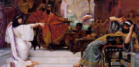 Grafika ilustracyjna: obraz Ernesta Normanda (1888) "Estera demaskuje Hamana na uczcie"