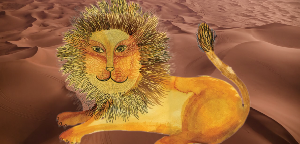 Rysunkowy piękny lew ze złotą grzywą, leży na piaskach pustyni