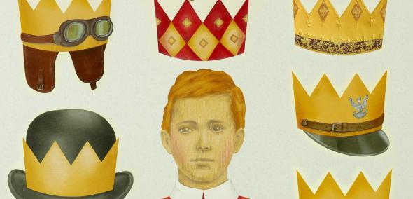 Ilustracja przedstawia chłopca z jasnymi włosami - króla Maciusia I - wokół jego głowy narysowanych jest 5 koron, prezentujących przygody króla Maciusia