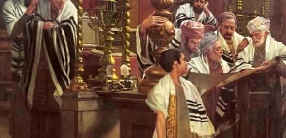 Obraz Oscar Rex zatytułowany "Bar Mitzvah" przedstawia mężczyzn w synagodze i chłopca przy pulpicie, który przechodzi bar micwę