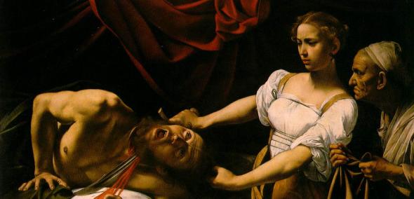 Na obrazie widzimy fragment obrazu "Judyta odcinająca głowę Holofernesowi”, Caravaggio,