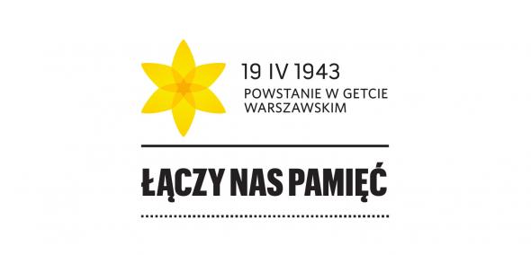 Grafika Akcji Żonkile. Żółty Żonkil, obok i pod spodem czarne napisy: 19.04.1943, powstanie w getcie warszawskim, Łączy nas pamięć