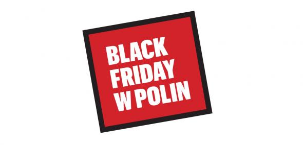 Czerwony kwadrat, a w środku biały napis Black Friday w POLIN.