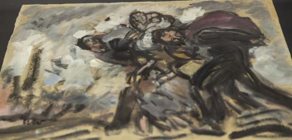 Szkic olejny "Wygnanie" Wojciecha Weissea. Przedstawia skulone, uciekające postacie.