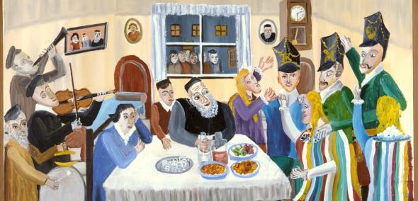 Przedstawienie purimowe "Krakowskie wesele" - obraz Majera Kirszenblata. Grupa żydowskich weselników w kolorowych strojach siedzi przy stole podczas święta Purim.