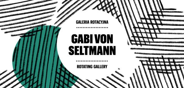 Koła wypełnione liniami. Na środku okrąg z napisem Gabi von Seltmann. Galeria Rotacyjna. / Circles filled with lines. In the centre a circle with the inscription Gabi von Seltmann. Rotating Gallery. 