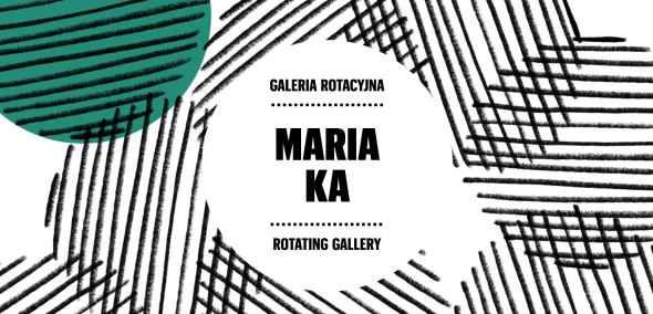Koła wypełnione liniami. Na środku okrąg z napisem Maria Ka. Galeria Rotacyjna. / Circles filled with lines. In the centre a circle with the inscription Maria Ka. Rotating Gallery. 