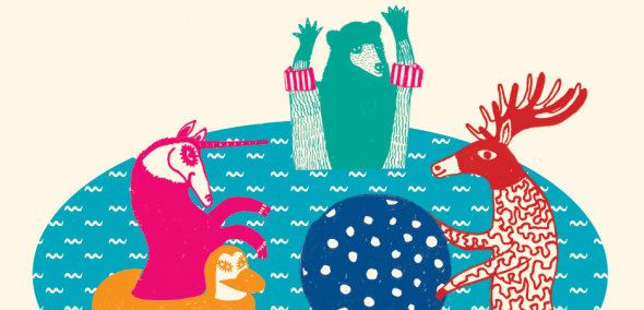 Grafika - zwierzęta z zabawkami do pływania kąpią się w stawie