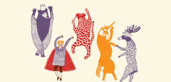 Grafika - rysunkowe postacie w przebraniach tańczą ze sobą: niedźwiedź w koronie, gepard, król Maciuś, Jednorożec, jeleń