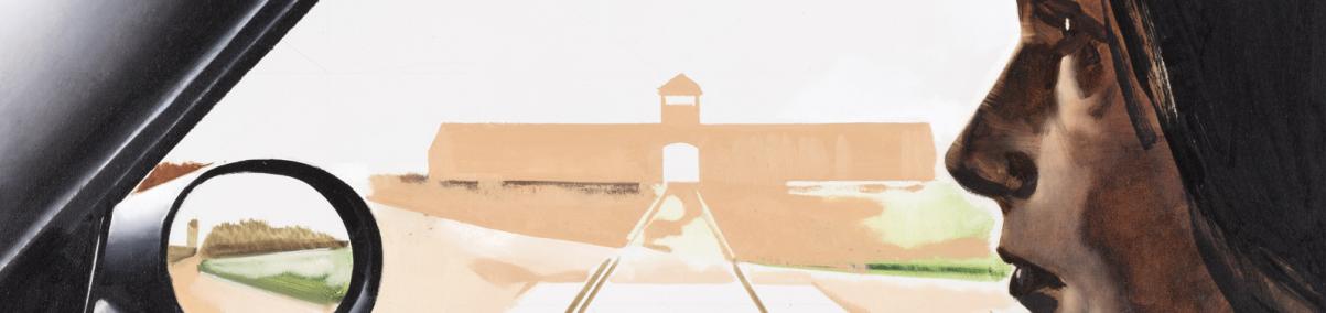 Obraz WIlhelma Sasnala, przedstawia widok na bramę w Obozie Zagady Auschwitz, widzianą z wnętrza samochodu. w kadrze twarz pasażerki widziana z boku.