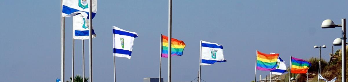 Na sztandarach wiszą flagi izraelskie i tęczowe LGBT.