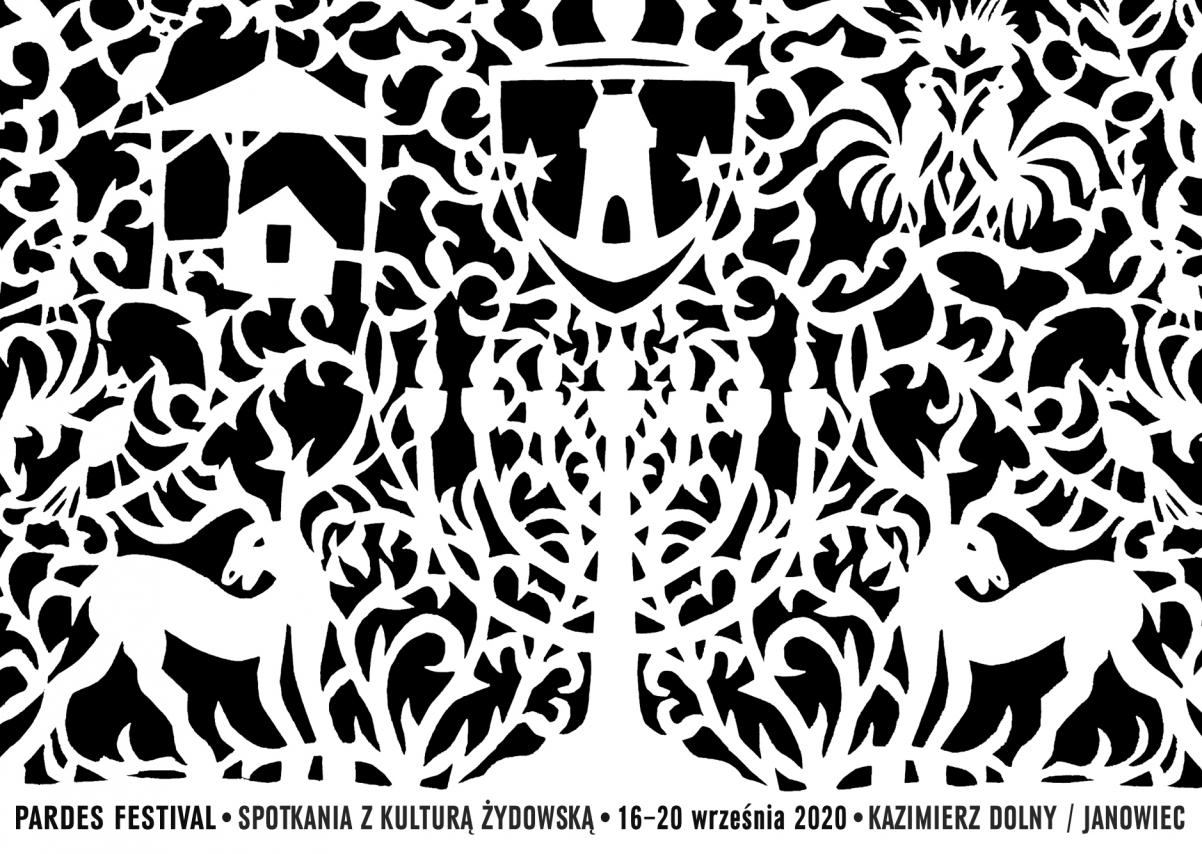 grafika ilustracyjna - biała wycinanka na czarnym tle. Motywy jeleni, bima, koguty, synagoga, menora