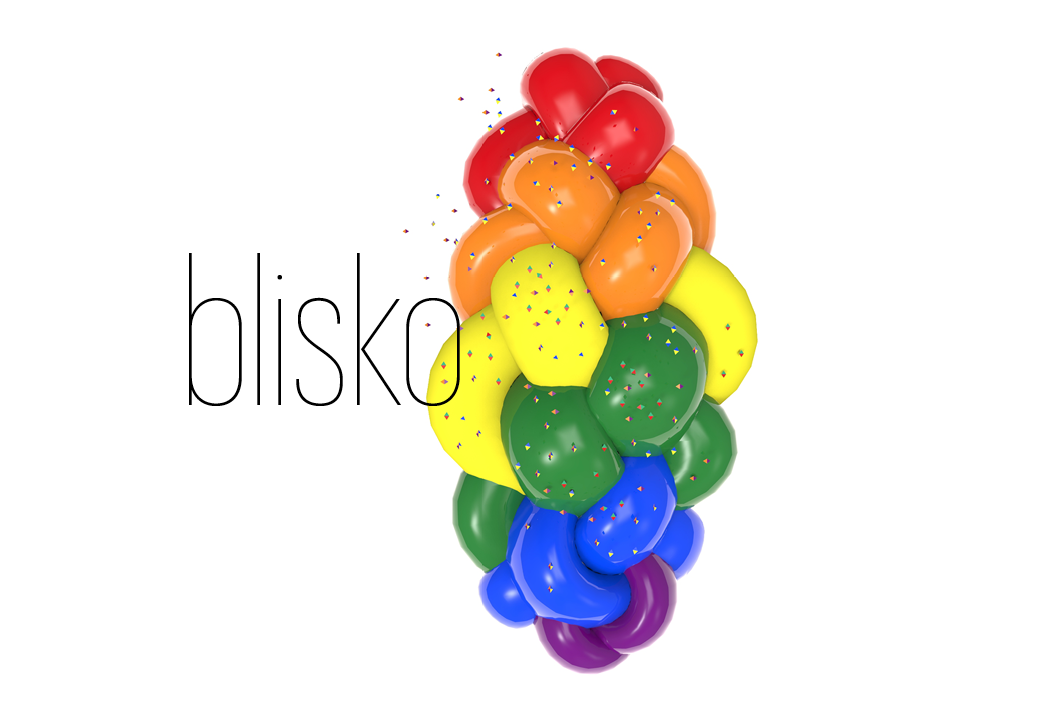 Kolorowa "plastikowa" chałka w kolorach ręczy. Po lewej stronie napis "blisko"