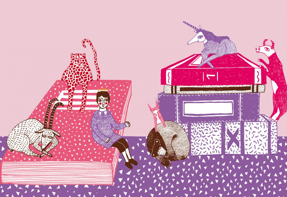 Grafika ilustracyjna, na której jest postać króla Maciusia I - siedzi na książce - oraz mnóstwo bajkowych zwierząt