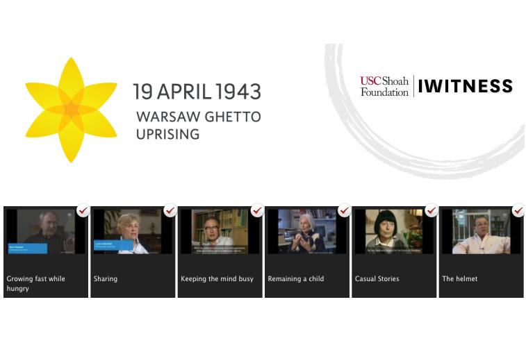 A graphic with logos and titles: 19 April 1943 Warsaw Ghetto Uprising / USC Shoah Foundation, IWitness