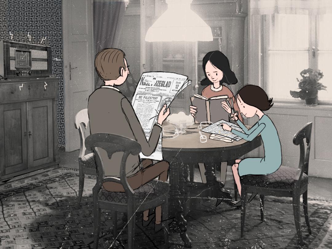 Grafika - przy stole w pokoju siedzi mężczyzna, kobieta i dziecko. Nad stołem świeci lampa. Mężczyzna czyta rozłożoną gazetę
