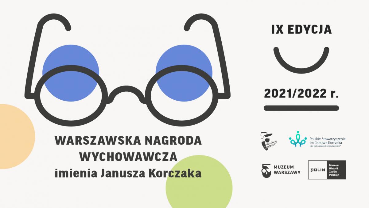 Warszawska Nagroda Wychowawcza im. Janusza Korczaka - IX edycja, 2021/2022 - grafika przedstawia okrągłe okulary, które nosił Janusz Korczak