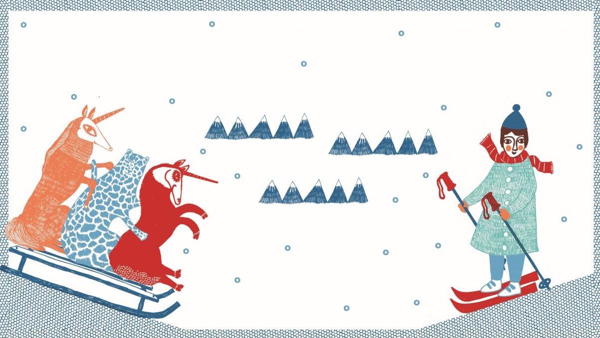 Z lewej strony grafiki na sankach jadą dwa kozły i ocelot. Z prawej - chłopiec na nartach.