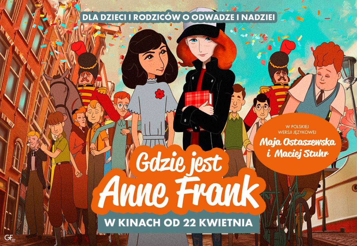 Grafika przedstawia animowane postaci z filmu "Gdzie jest Anne Frank". Jest na niej także tytuł filmu i nazwiska polskich aktorów, którzy użyczyli swojego głosu do filmu.