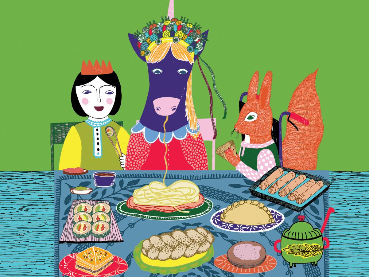 Grafika promująca Dzień Dziecka w Muzeum POLIN. Przy stole siedzą: ciemnowłosa dziewczyna w koronie, koń z kolorowym wiankiem na głowie i wiewiórka. Na stole znajdują się dania kuchni żydowskiej, m.in. chałka.