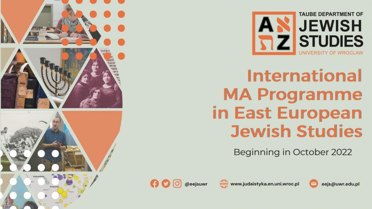 Z lewej strony kolaż ze zdjęć nawiązujących do judaizmu, po prawej - logo Katedry Judaistyki Uwr i nazwa programu po angielsku, data naboru. Poniżej odnośniki do mediów społecznościowych.