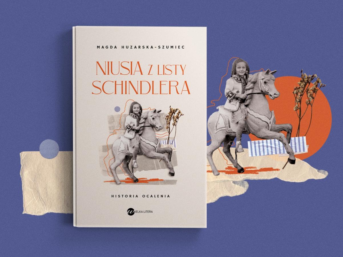 Okładka książki "Niusia z Listy Schindlera". Obok motyw z okładki - dziewczynka siedząca na koniu.