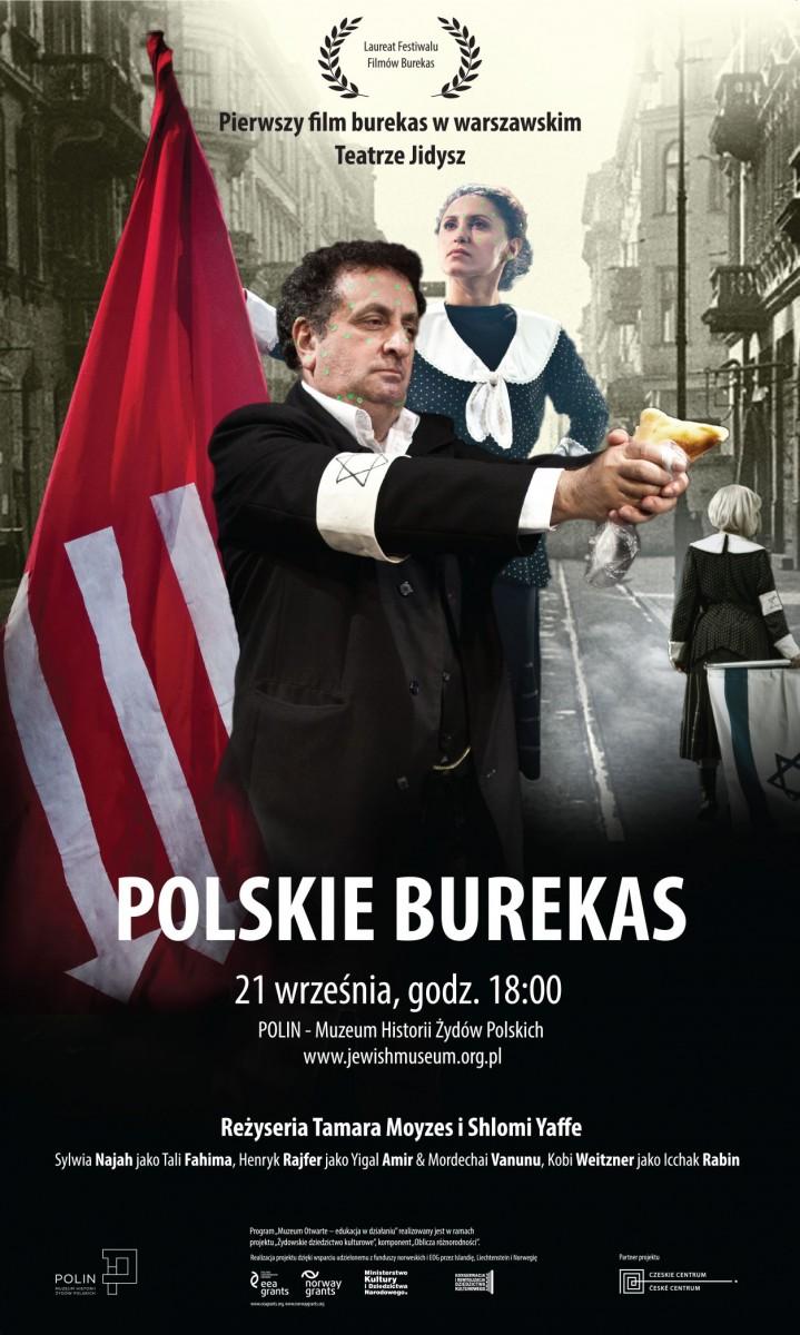 Plakat filmu "Polskie burekas". Mężczyzna z opaską z gwiazdą celuje pistoletem zrobionym z ziemniaka.