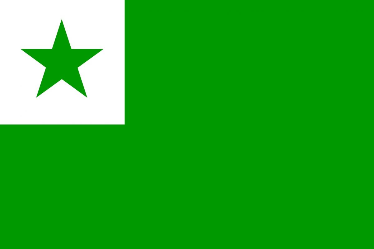 Flaga esperanto - w lewym górnym logu biały kwadrat z zieloną gwiazdką pięcioramienną, reszta flagi w kolorze zielonym.