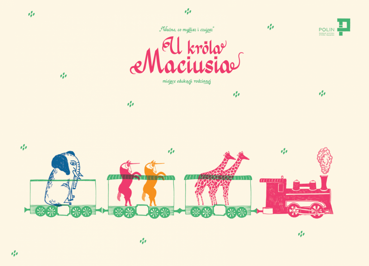 Plakat U króla Maciusia. Zwierzęta w wagonach lokomotywy.