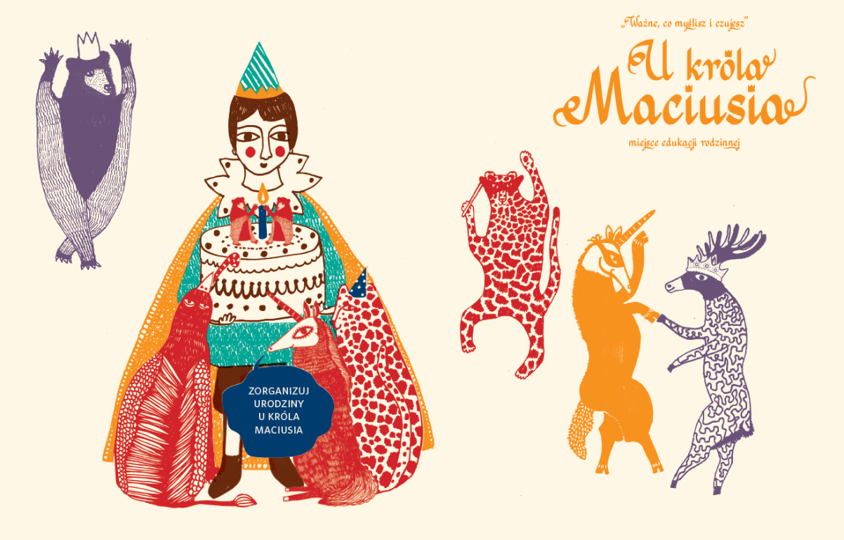 Grafika ilustracyjna - U króla Maciusia. Na grafice kolorowe rysunki niedźwiedzia, króla Maciusia, ocelota, kozła i renifera.