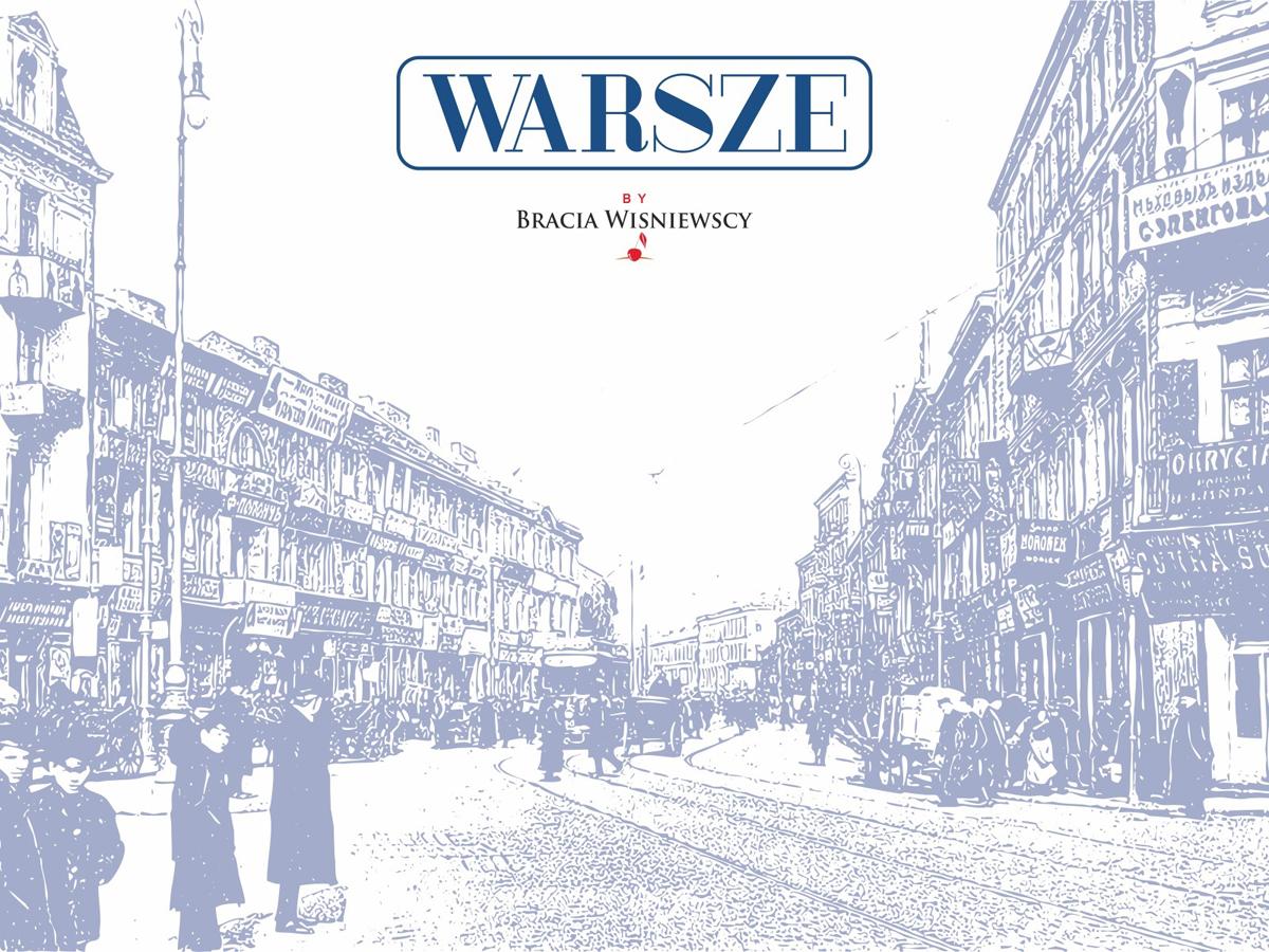 Restauracja Warsze, Bracia Wiśniewscy | Muzeum POLIN - grafika przedstawia rycine przedwojennej warszawy - kolorystyka biało-fioletowa. Na górze grafiki, centralnie ulokowane na białym tle jest logo restauracji z napisem: WARSZE, Bracia Wiśniewscy