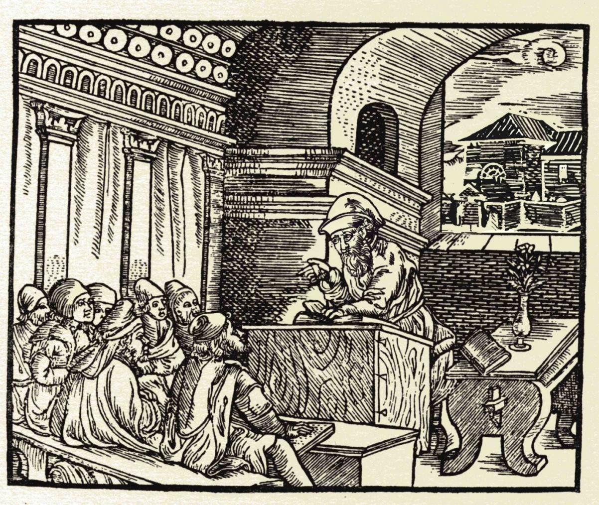 Rysunek przedstawia mędrca przemawiającego w świątyni.