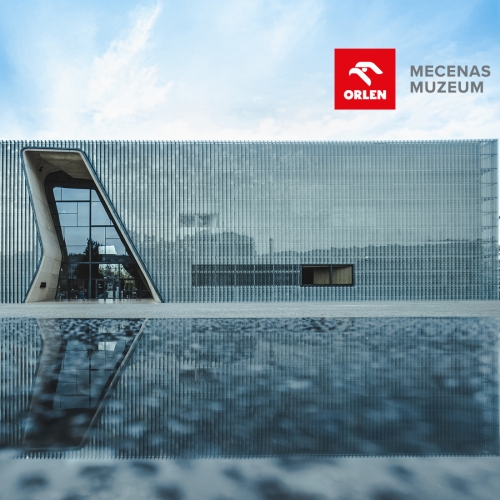 The POLIN Museum building is reflected in the surface of the Ghetto Heroes Monument. At the top right is the ORLEN logo.