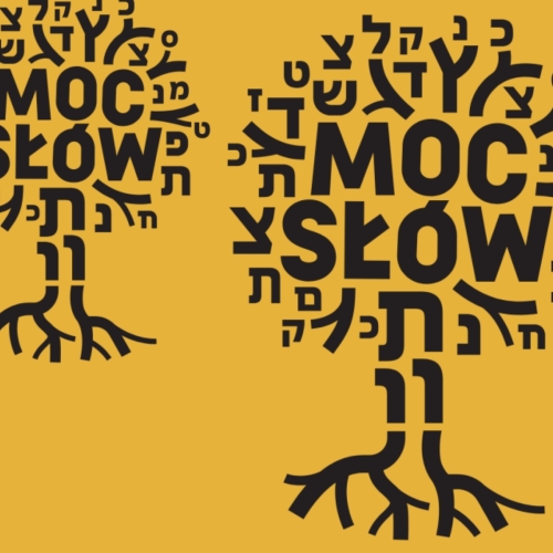 Na żółtym tle cztery czarne drzewa z napisami Moc słów.